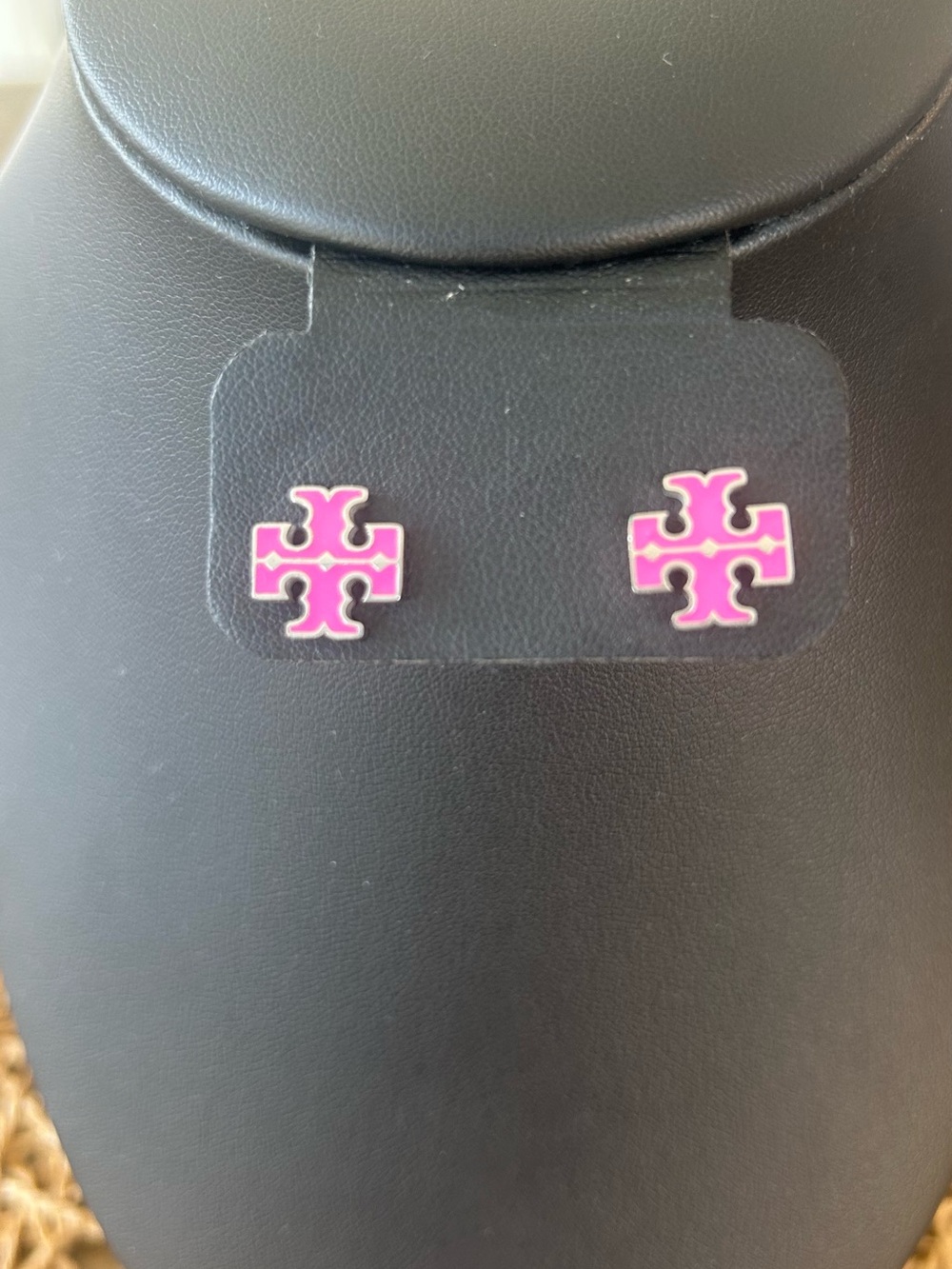 Silver Tone Pink Logo Stud Earrings